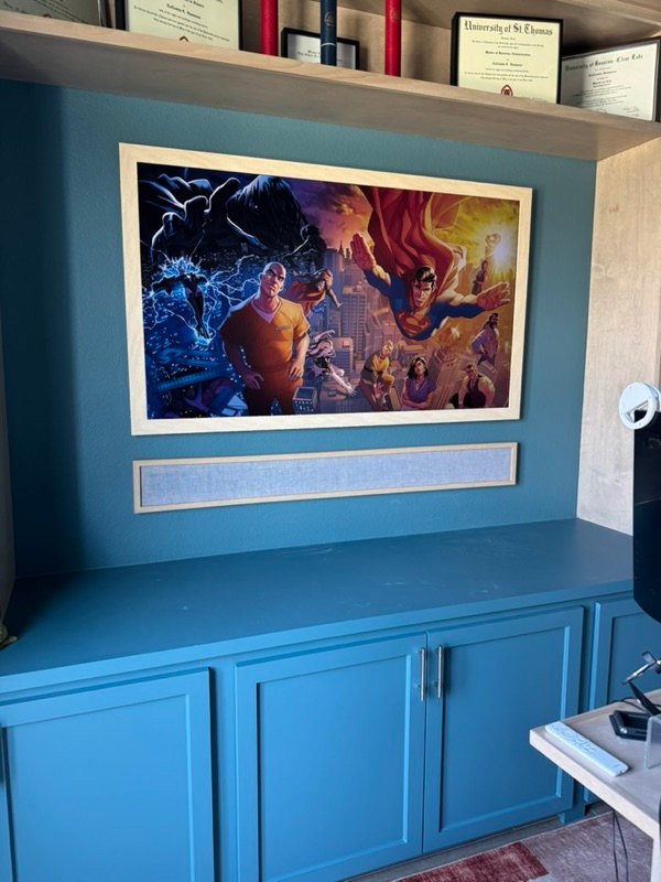 Frame TV with custom soundbar in built-in cabinet